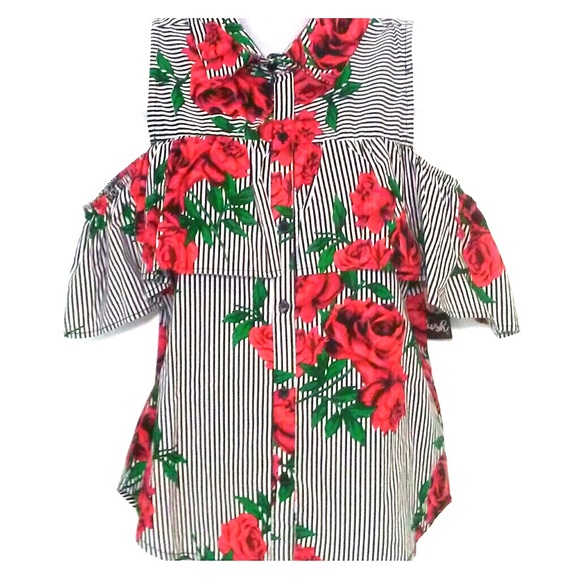 🌹Hint of Blush Pinup Striped Roses Cold Shoulder - Picture 4 of 4